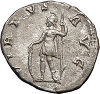Virtus, the personification of valor, on ancient Roman coins, 