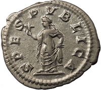 reverse of real ancient Roman Diadumenian Coin featuring Goddess